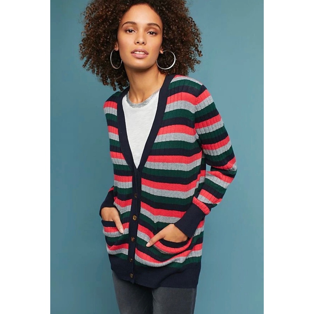 Moth Anthropologie Jamison Striped Cardigan Navy Red Green Polka Dot Lining S